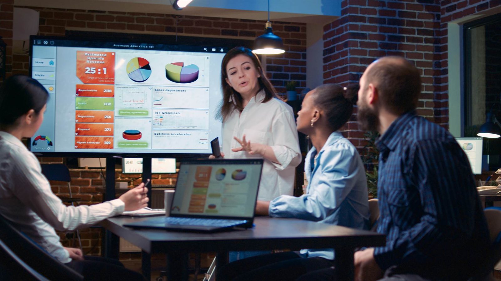 Digital marketing team reviewing campaign analytics on a dashboard
