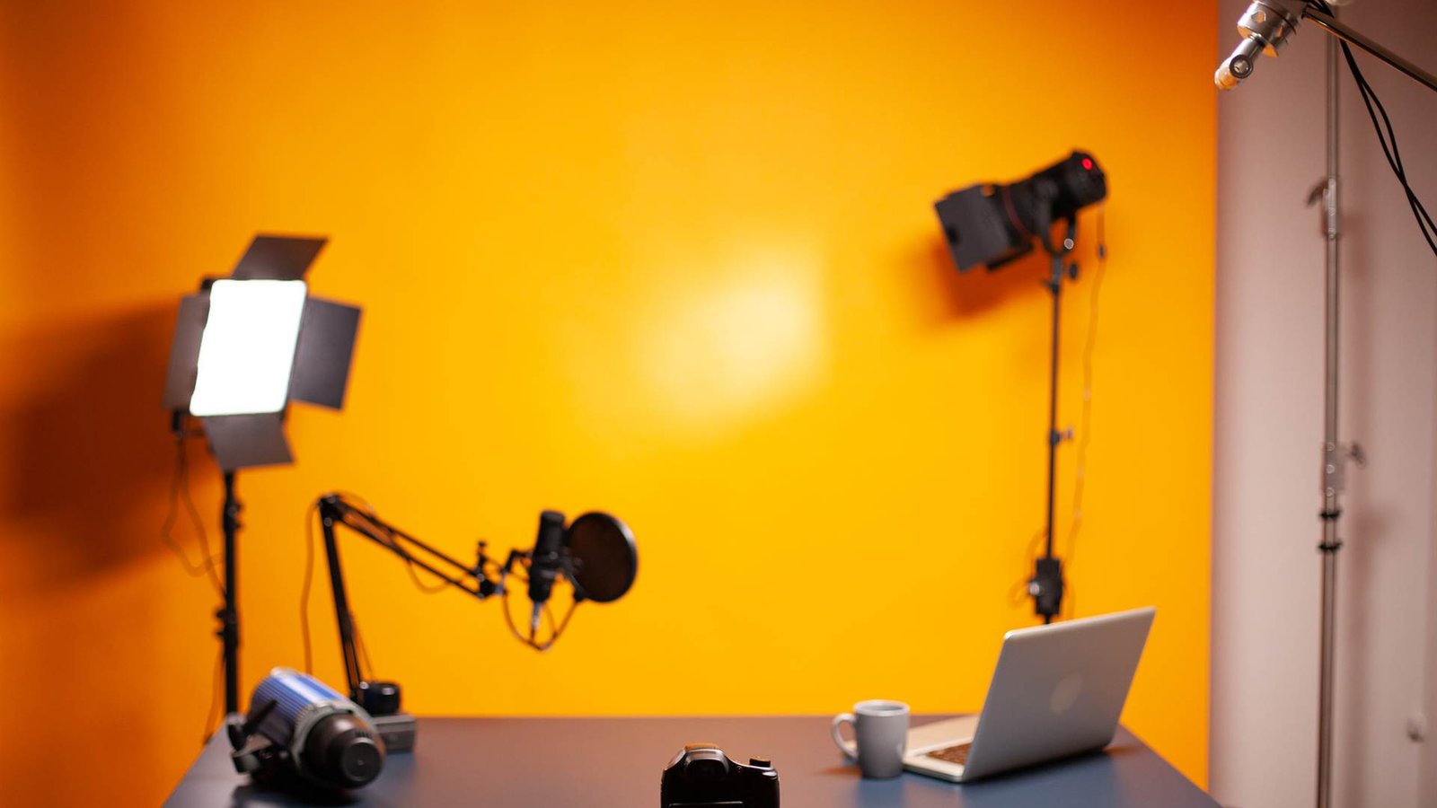Video creator studio with camera and lighting setup
