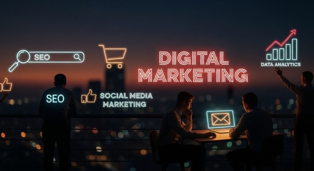 A poster image created by BSkale Solutionz showcasing different aspects of digital marketing