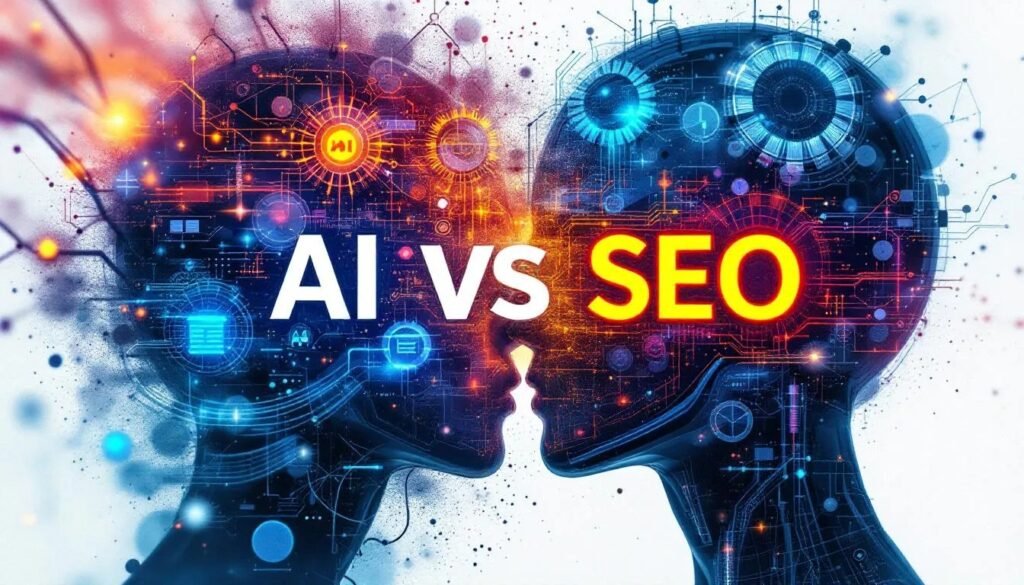 A poster created by BSkale Solutionz for the blog title "How AI is taking over the SEO in 2025" Showing two images of humanoids with digital lines and images with power lighting and AI vs SEO written over it.