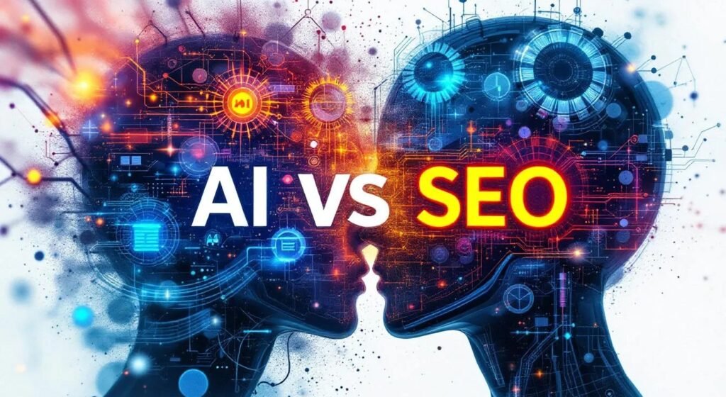 A poster created by BSkale Solutionz for the blog title "How AI is taking over the SEO in 2025" Showing two images of humanoids with digital lines and images with power lighting and AI vs SEO written over it.