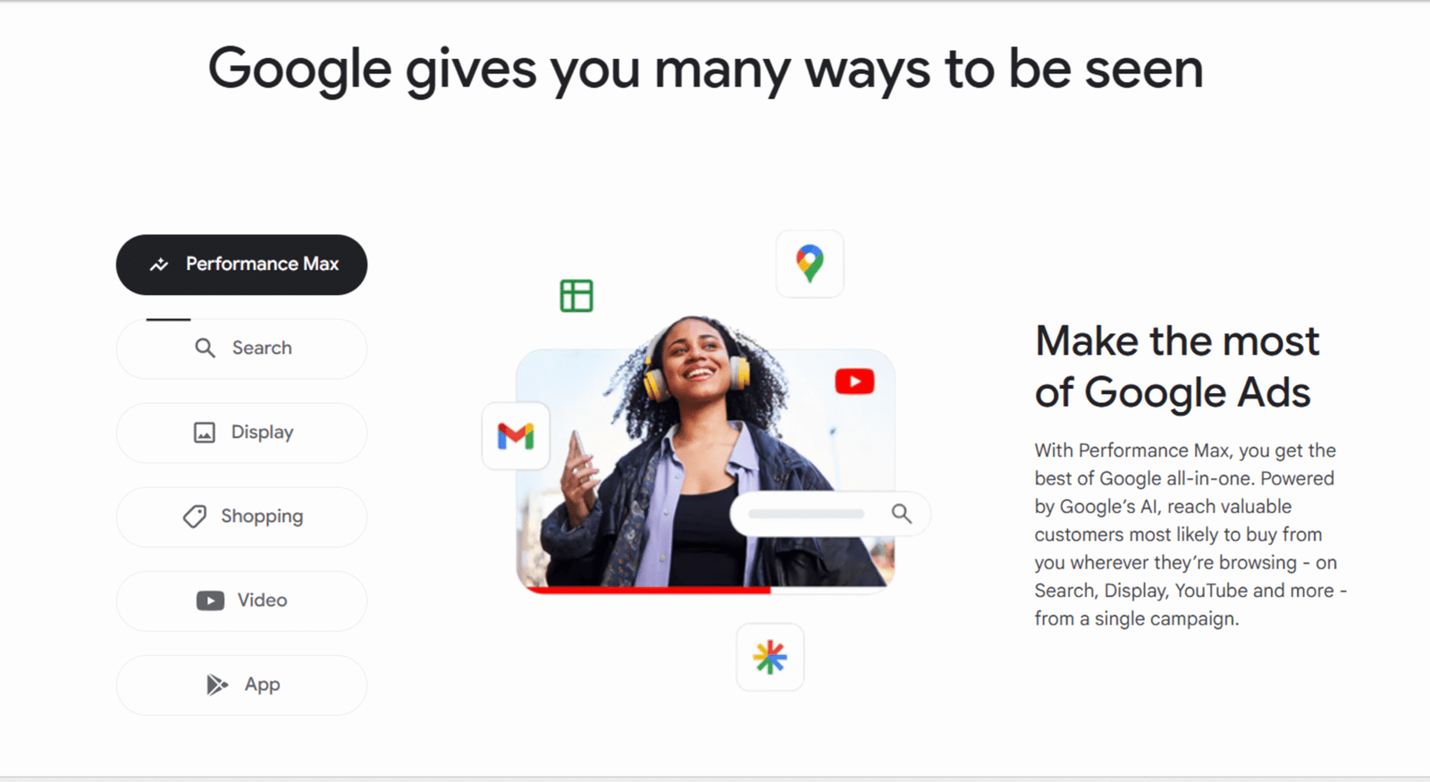 Google ads home page showing the different sets of google marketing categories they have
