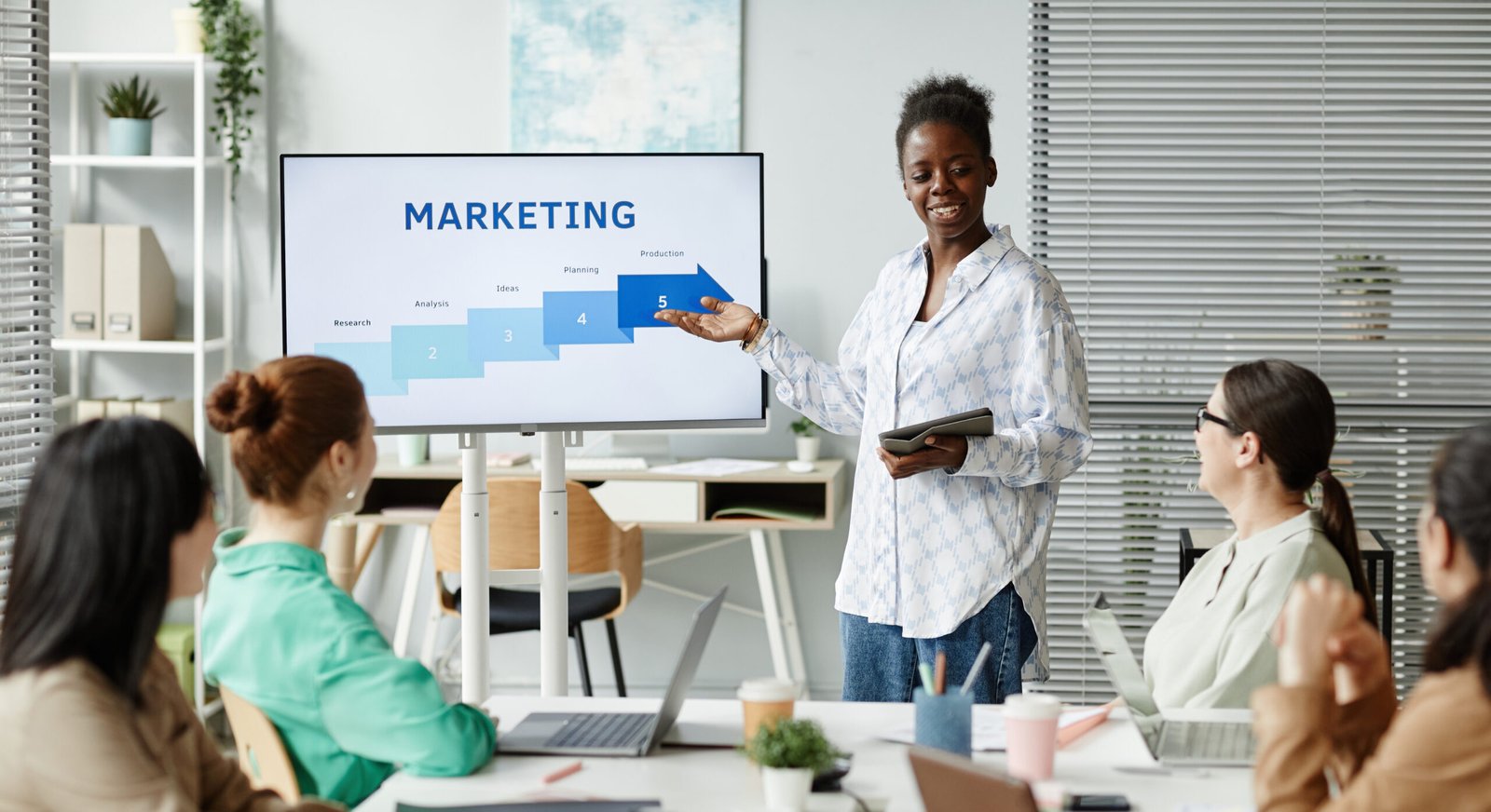 there is a white digital board in which a step graph is shown regarding the marketing strategy. A women is demonstrating the presentation in the white board and 4 other women in the meeting are sitting and watching the same. This image represent the team meeting on the strategy development over the performance marketing at B'Skale Solutionz.